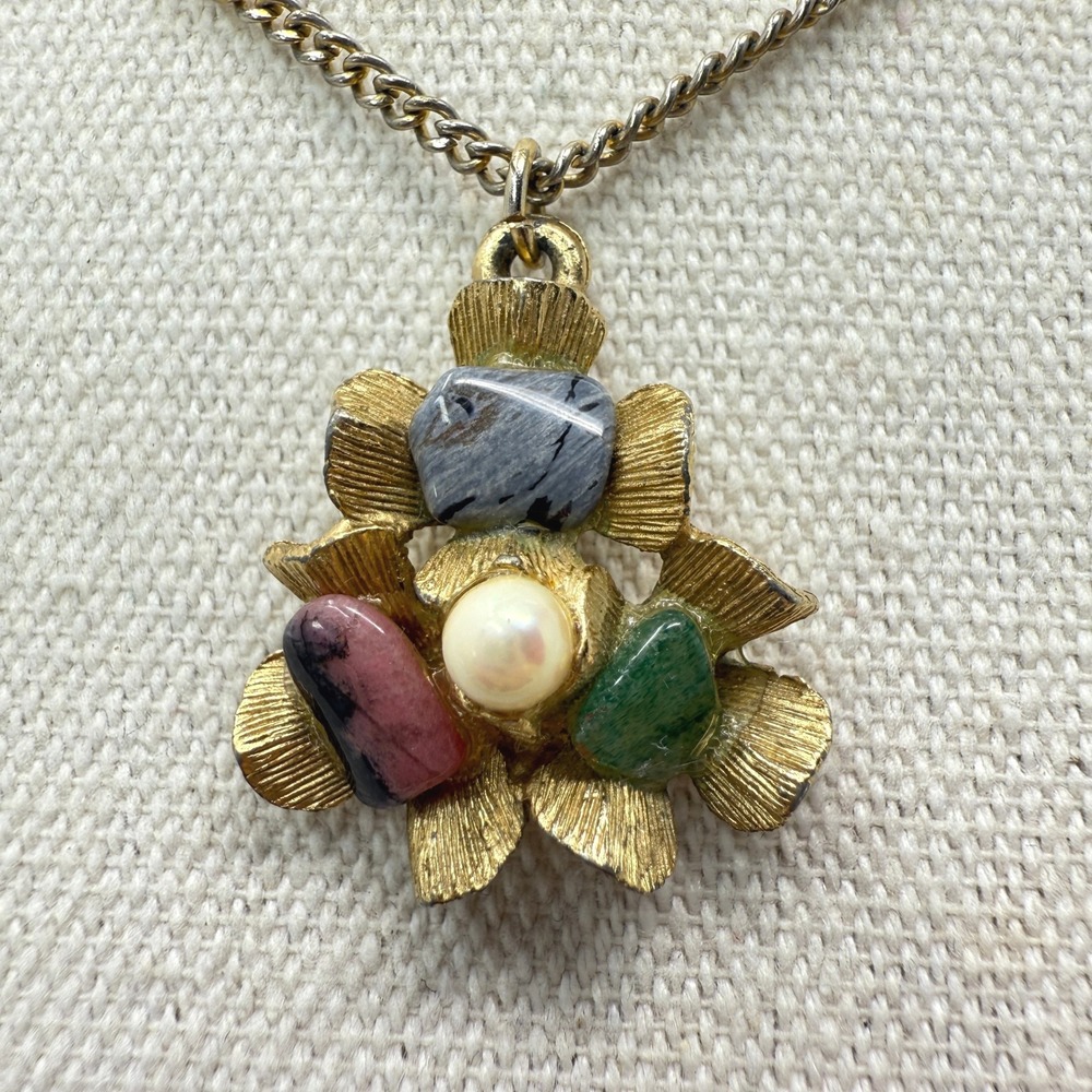 BSK Vintage Gold Tone Flower Pendant Necklace Multi Stone Jasper Rhodonite Pearl